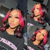 Short Bob Pink Skunk Stripe Wig 100% Real Human Hair Wig